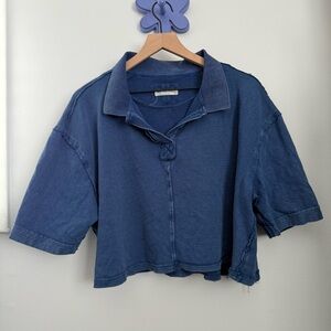 Free People Medium Denmark Polo Pullover Top Blue Boxy Crop Relaxed